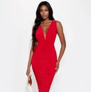 Fashion Nova Tami Ruched Deep V Midi Dress Red | Size M | SOLD OUT | NWT